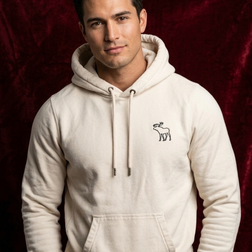 Vintage Abercrombie & Fitch Off-White Hoodie with Moose Logo Muscle Fit. - Picture 2 of 8